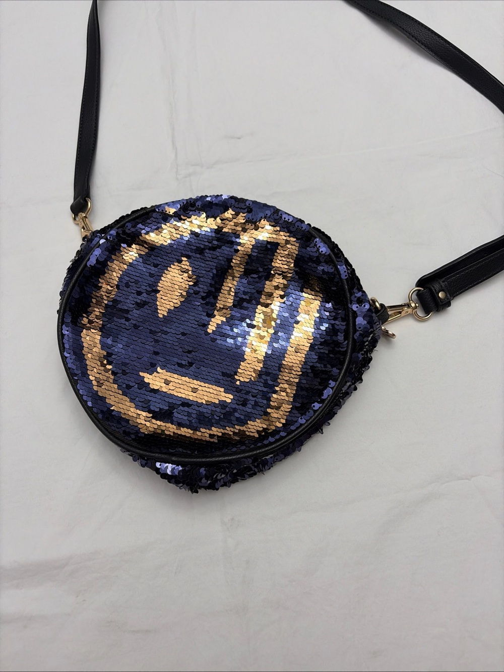 Desigual Sequined Round Crossbody Bag in Navy and Gold Reversible Sequin Robot